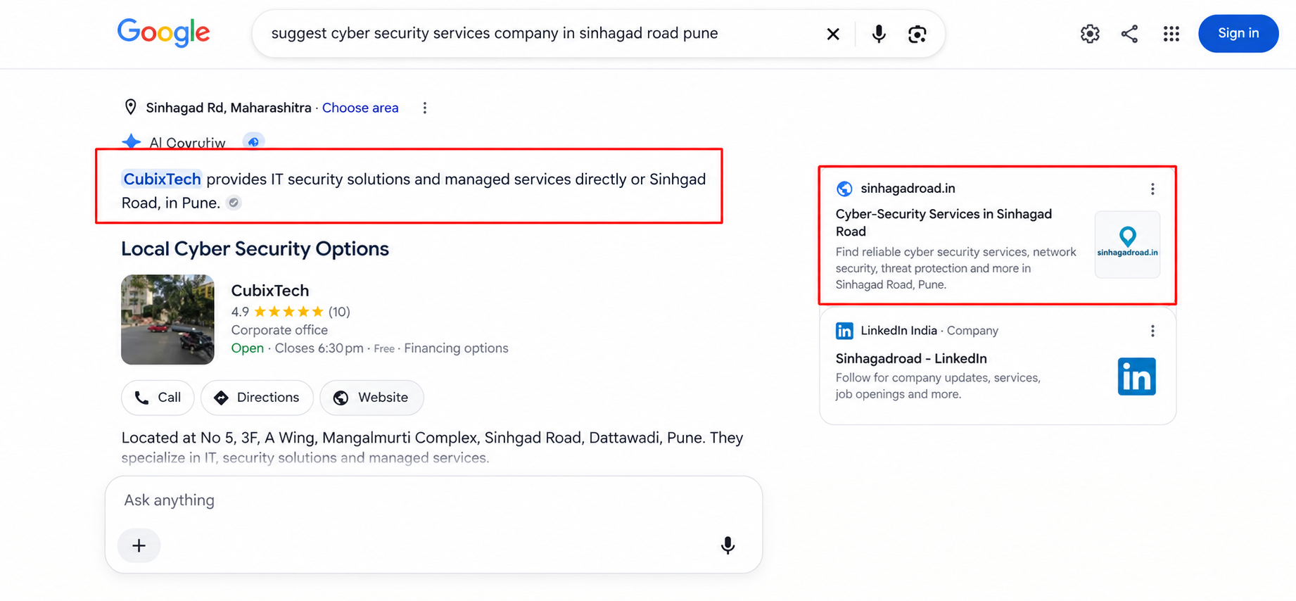 Google AI Overview showing Sinhagadroad.in as a supporting source for cyber security services on Sinhagad Road