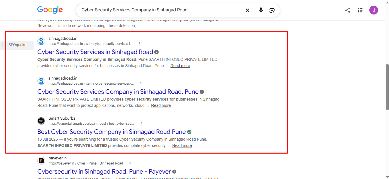 Google results showing Sinhagadroad.in pages for a cyber security company search on Sinhagad Road